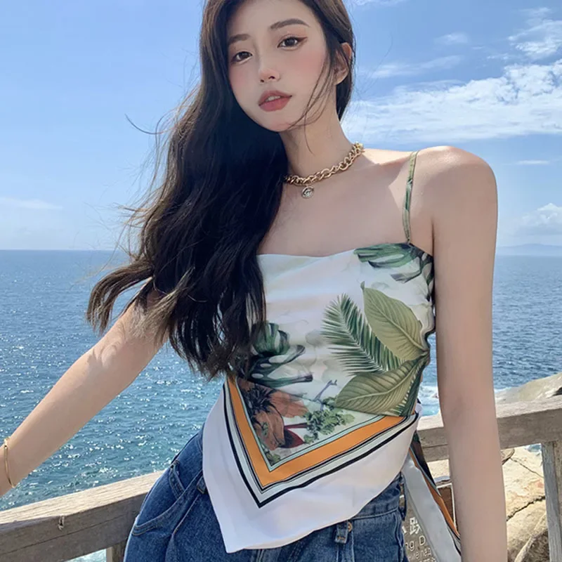 

2025 Summer Women's Beach Holiday Elegant Crop Top Vintage Printed Sleeveless One-Piece Sexy Bandage Tops