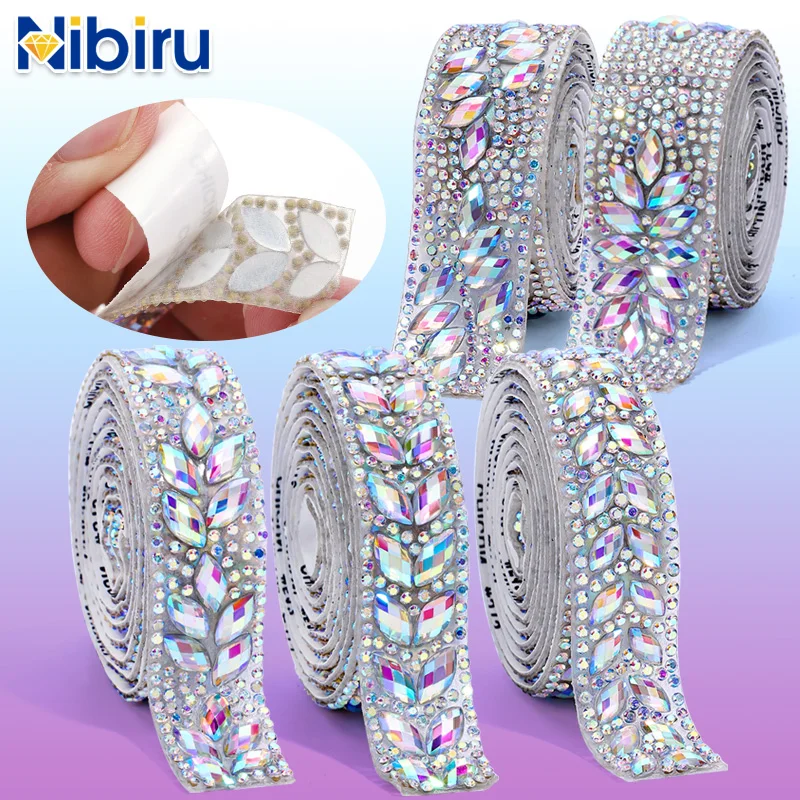 

1 Yard Self-Adhesive Horse Eye AB Rhinestone Trim, Iridescent Crystal Tape for Wedding Dress, Costumes, DIY Clothing Decoration