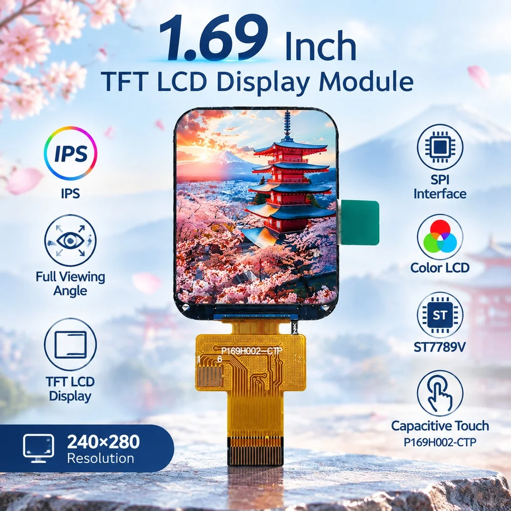 1.69 Inch TFT LCD Display Module SPI Interface 240RGB*280 4-Line IPS with Capacitive Touch ST7789V Driver 18PIN P169H002-CTP