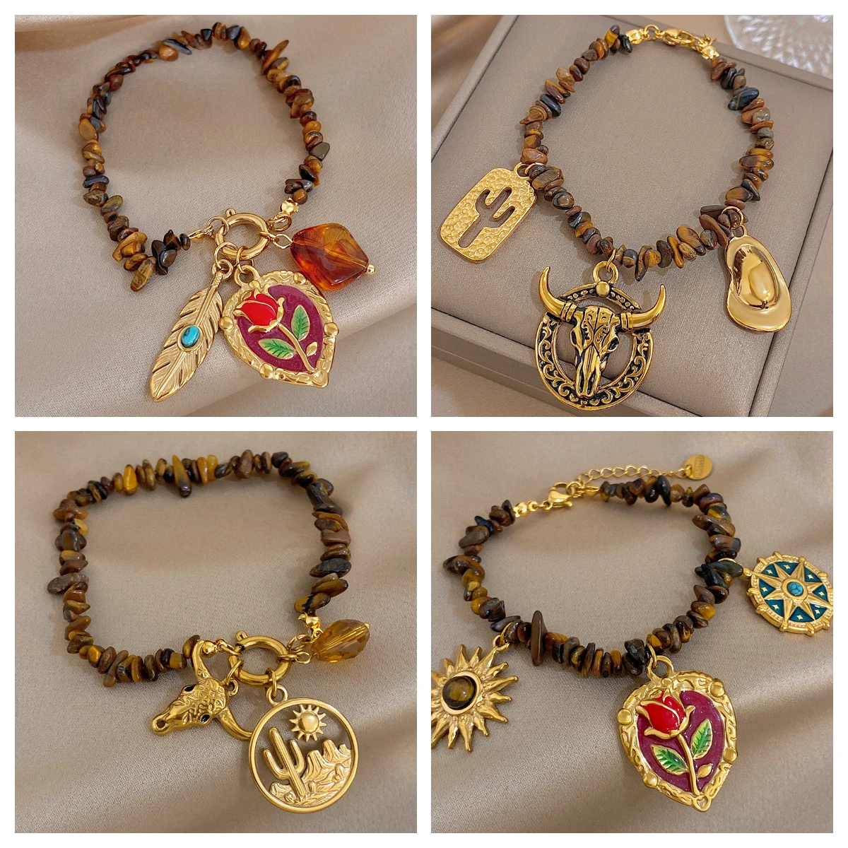 New Trendy Women's Bracelet Vintage Natural Stone Chain Boho Cow Head Cactus Sun Heart Love Charms Bracelet Fashion Jewelry Gift