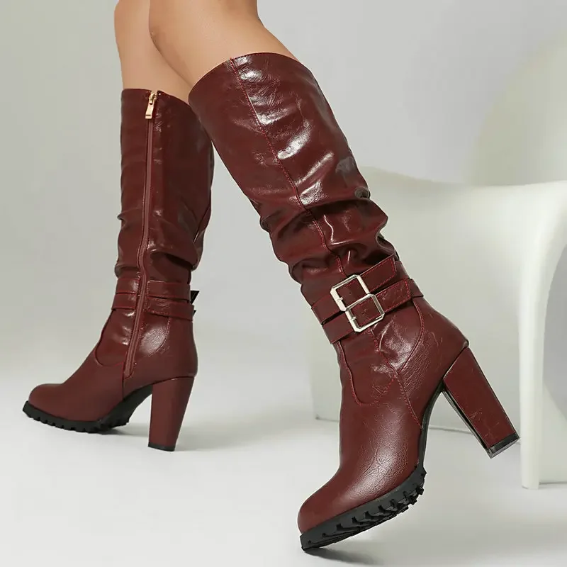 Burgundy Black Pleated Woman Shoes Buckle Belt Designer Luxury Mature Ladies Mid-calf Western Cowboy Winter Thick Heels Boots