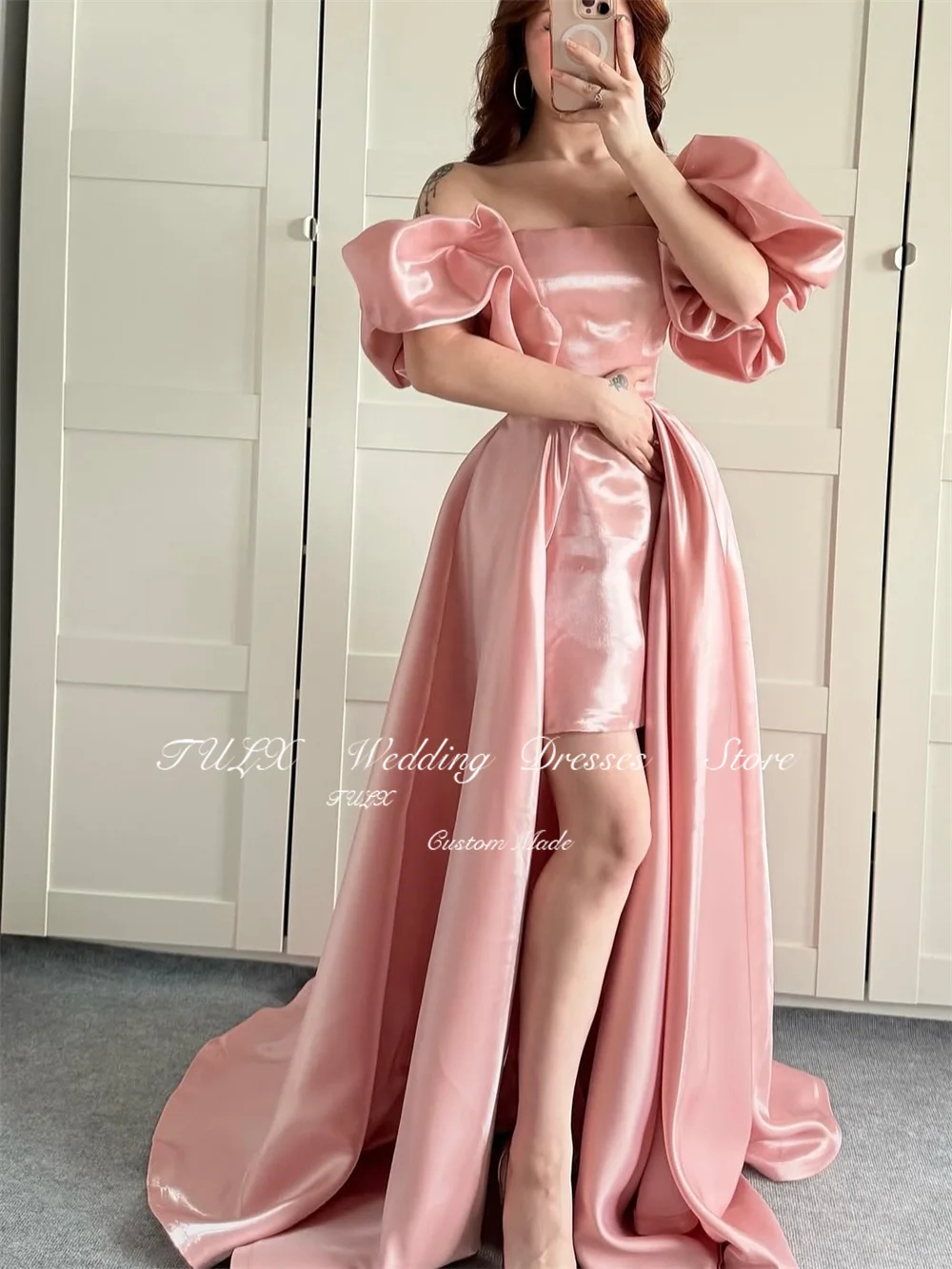 TULX – robe de soirée en Satin rose, sans bretelles, manches bouffantes, ligne A, longueur au sol, robe d'événement formelle arabe personnalisée