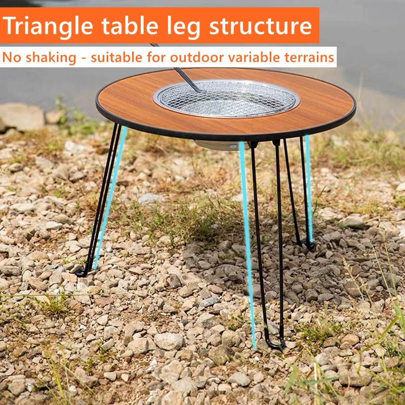 Multifunctional Camping Round Table Lightweight Protable Outdoor Wood Stove Table Folding Picnic Barbecue Grill Circular Table