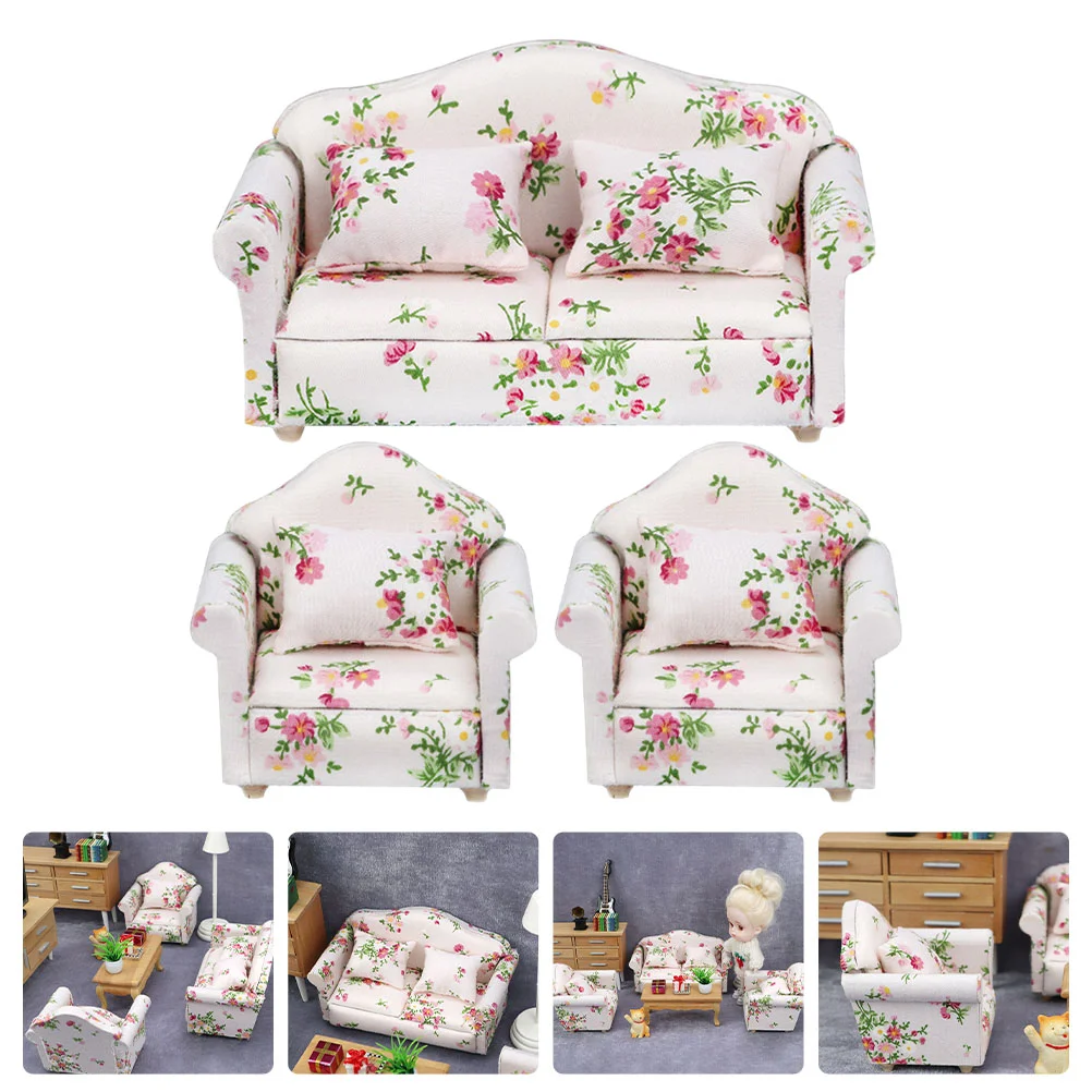 Miniature Toys Sofa Kids Couch Exquisite Model Furniture Flower Cloth House Decor Child