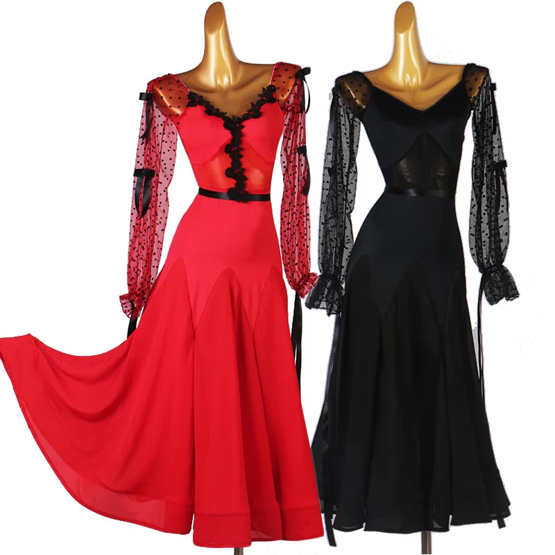 Wals Jurken Ballroom Dans Kostuum Dames Zwart Mesh Lantaarn Mouw Jurken Standaard Moderne Dansvoorstelling Outfit Rood 3592