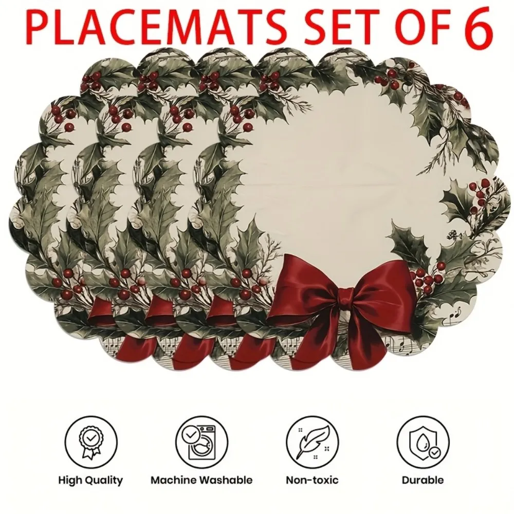 VIKAMA 2025 Christmas Table Decor, 6-Piece Vintage Wreath Music Note Coaster Set, Holiday Party Christmas Gift