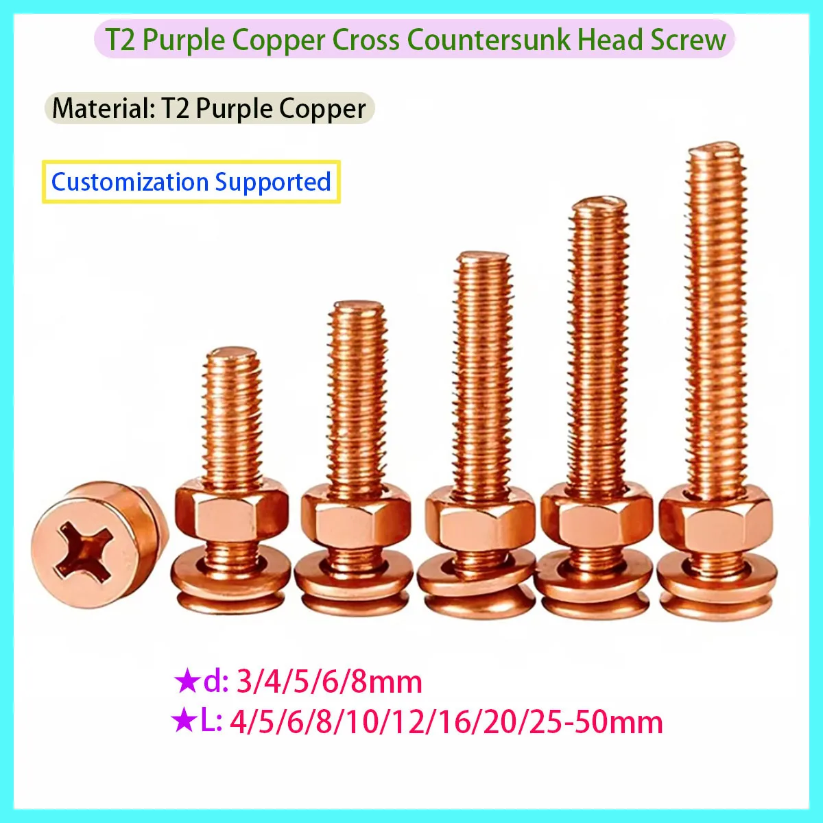 

T2 Pure Copper Cross Countersunk Flat Head Screws Bolts Nuts Flat & Spring Washers Assortment Kit Conductive Red Copper