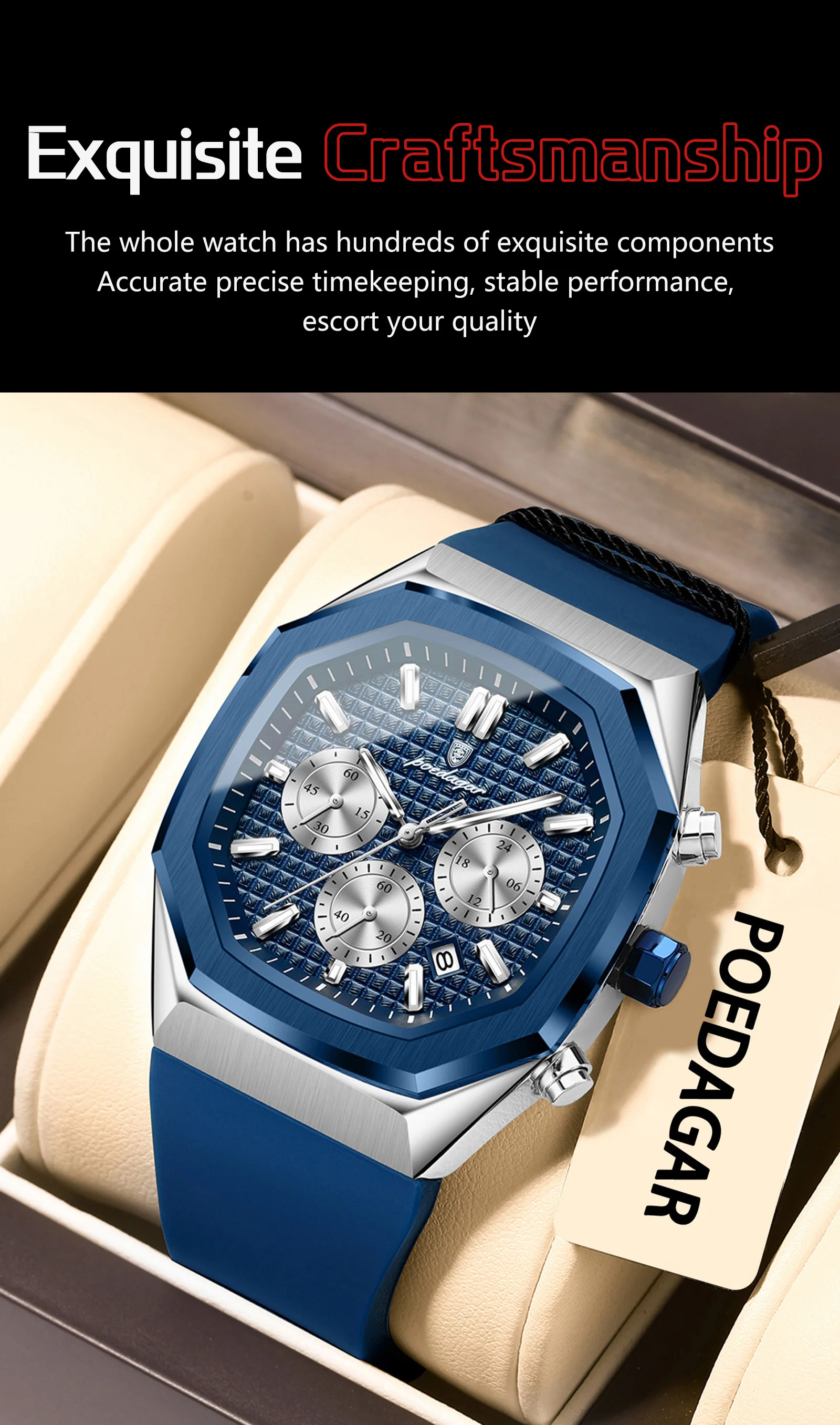 POEDAGAR Business herren Uhr Chronograph Datum Silikon Armband Quarz Mann Uhr Wasserdicht Leucht Mode Uhren Für Männer Reloj – Detail 6
