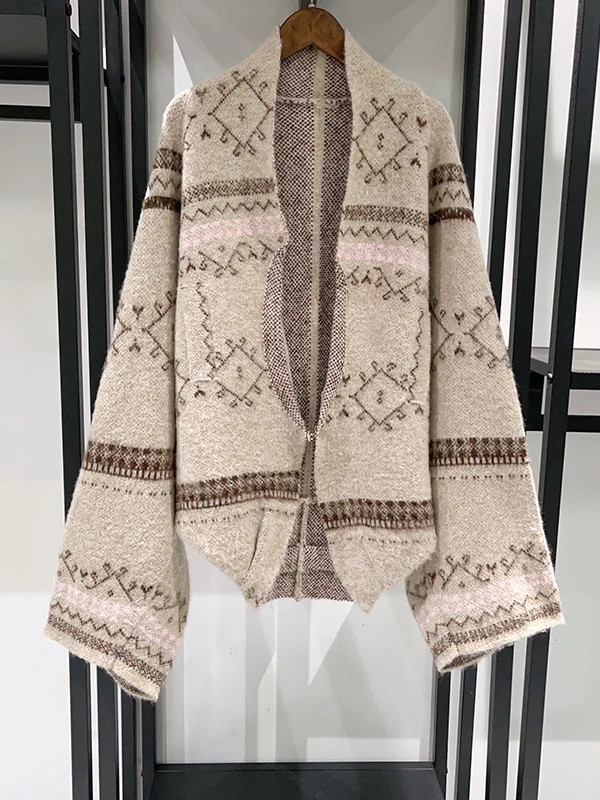 

Autumn Winter Trendy Light Brown Knitted Oats Fce oulder Drop oulder Coat ort Jaet for Women French Sle Loose Fit