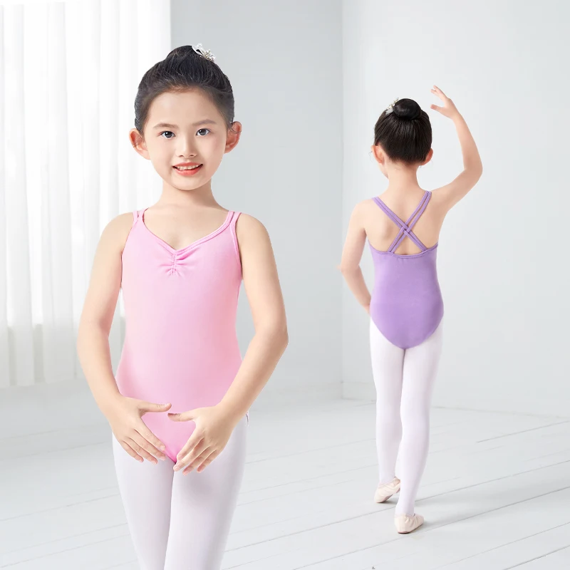 Kids Girls Ballet Leotards Double Straps Ballet Dance Bodysuits Gymnastic Leotards Children Dance Camisole Pink Black Swimsuit