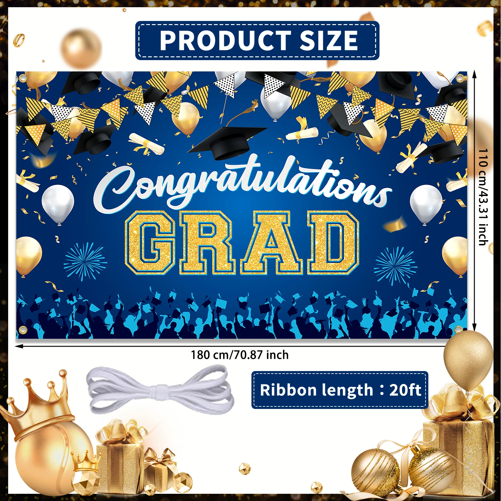 Congrats Grad Banner Backdrop Decor Set for Graduation Party Supplies Black and Gold Graduation Banner
