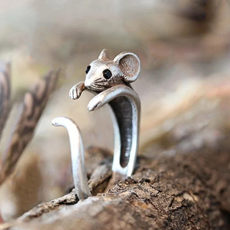 Huitan Cute Mouse Shape Open Ring for Women Antique Silver Color Modern Fashion Finger Accessories Hip Hop Party Jewelry
