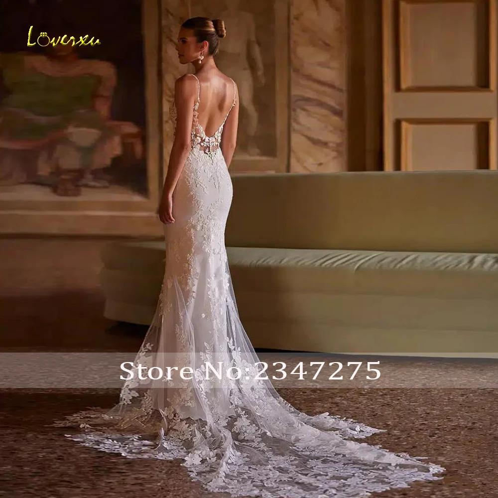 Loverxu 인어 섹시한 웨딩 드레스 여성을위한 스파게티 스트랩 Vestido De Novia 레이스 아플리케 새틴 맞춤 제작 신부 가운