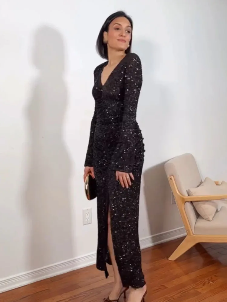 HH Abito lungo sexy da donna con scollo a V e paillettes con orlo a fessura Decorazione Abito lungo femminile elegante maniche lunghe Abiti da sera sottili