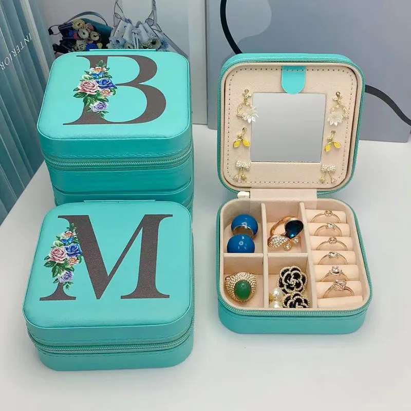 Small Square PU Leather Jewelry Organizer - Personalized Letter Print Travel Jewelry Box with Mirror for Women