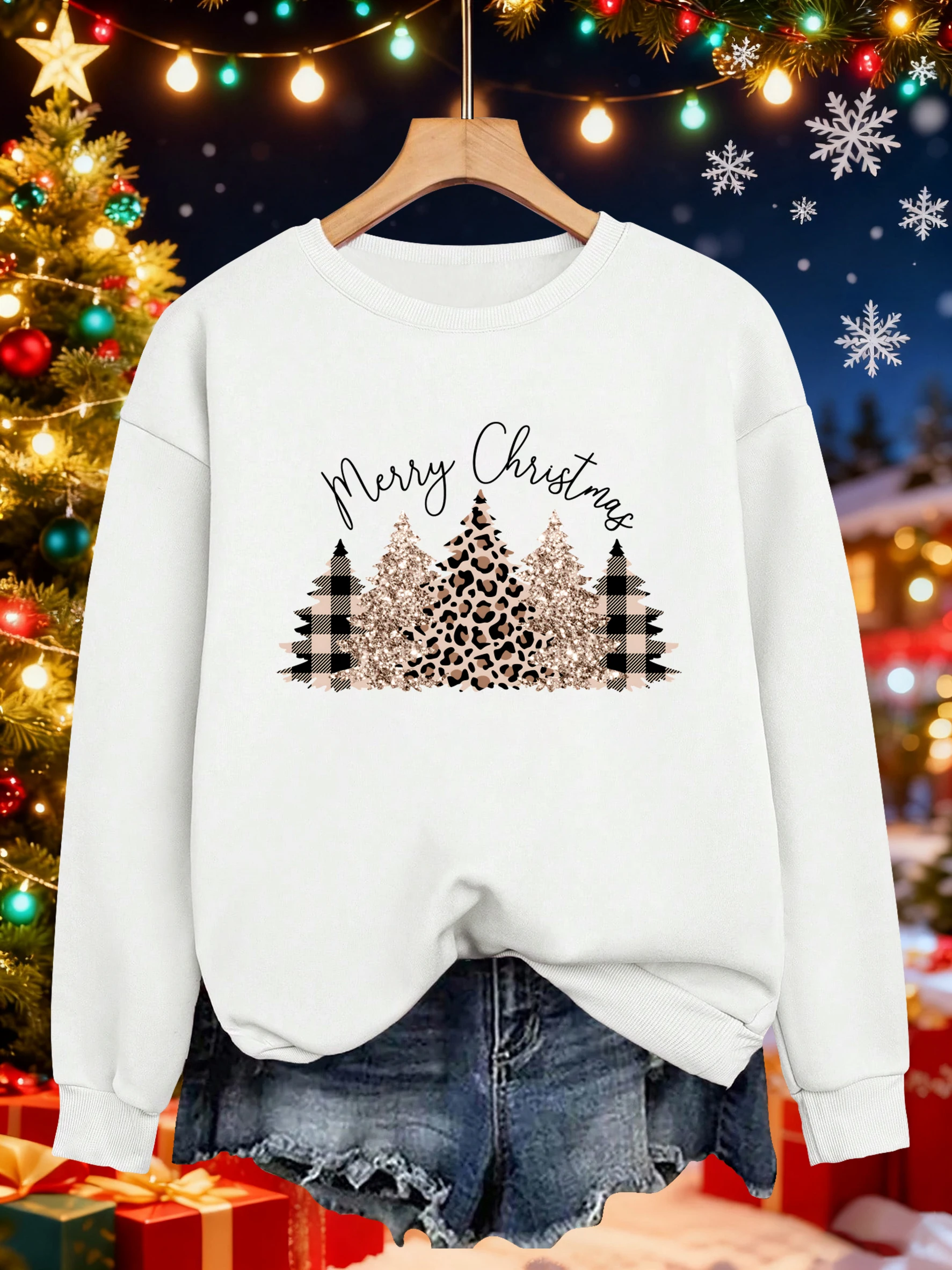 Frohe Weihnachten Leopard Plaid Bäume Design Sweatshirt Frauen Lose Streetwear Oansatz Casual Pullover Herbst Fleece Sportswear