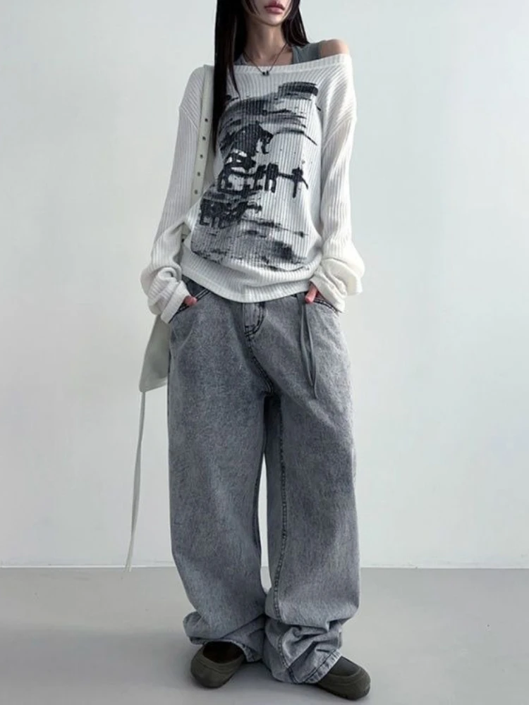 Y2k الأمريكية طويلة الأكمام تي شيرت خمر المرأة عادية غير المتكافئة طوق إلكتروني طباعة القمم مثير Harajuku سليم 2025 الخريف #4