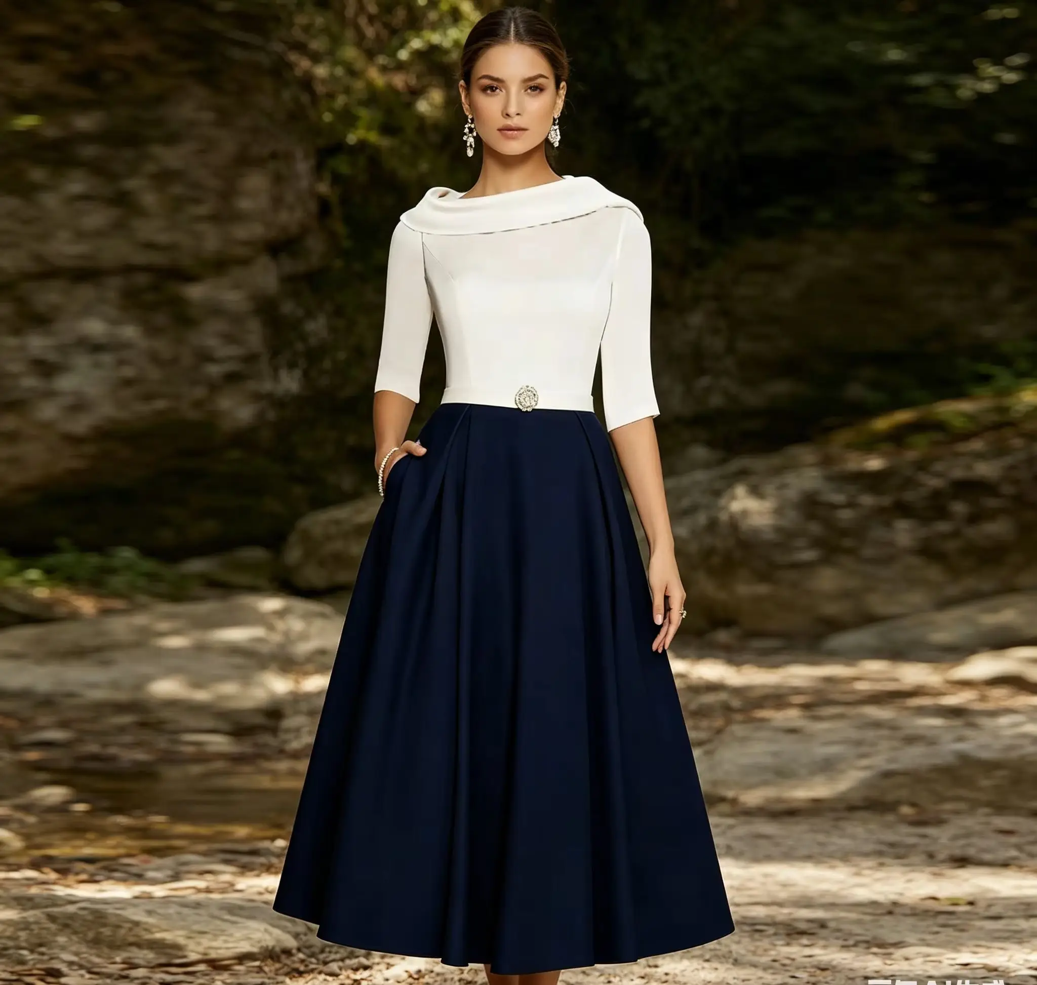 Customized Navy Blue&White Mother of Birde Dresses 2026 for Women Wedding A Line V Neck Ruched Elegant Evening Dress Prom Gowns