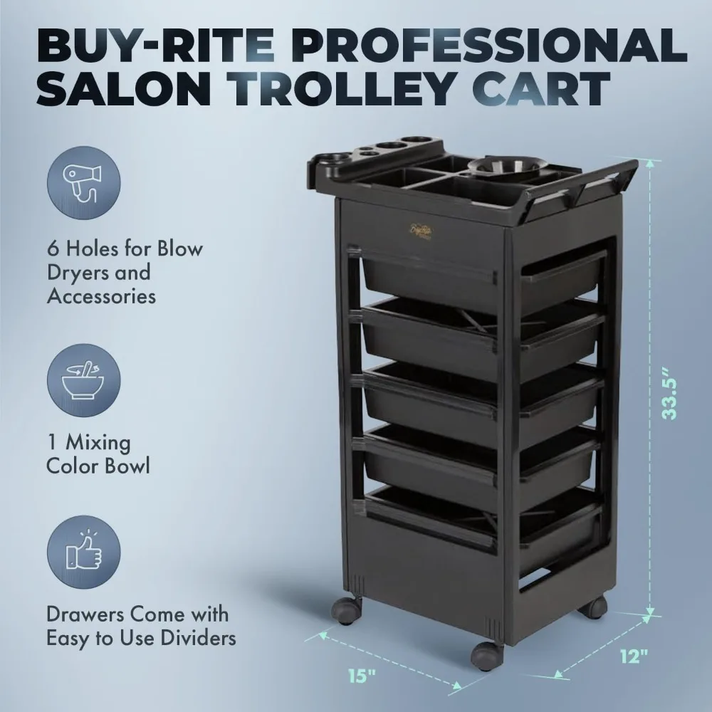 عربة ترولي احترافية للصالونات - عربة أدوات دوارة مع 5 أدراج تخزين قابلة للإزالة، وعاء خلط الألوان