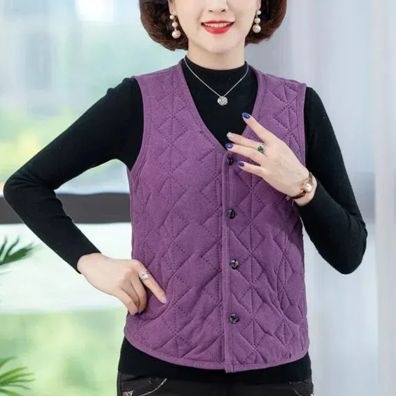 Fashion Vintage Autumn/Winter Women Solid V-Neck Button Plus Velvet Vest Coat Simplicity Casual Loose Sleeveless Cardigan Tops