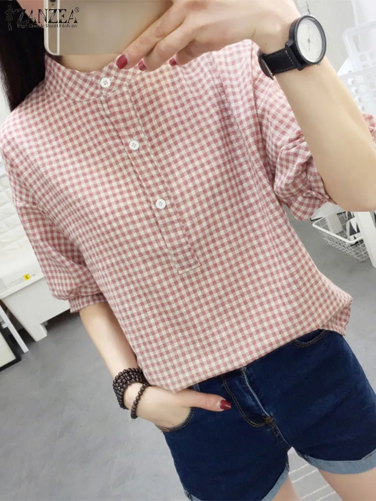 ZANZEA Summer Fashion O Neck Half Sleeve Blouse Women Plaid PChecked Shirt Female Elegant Work Blusas Casual Buttons Down Tops