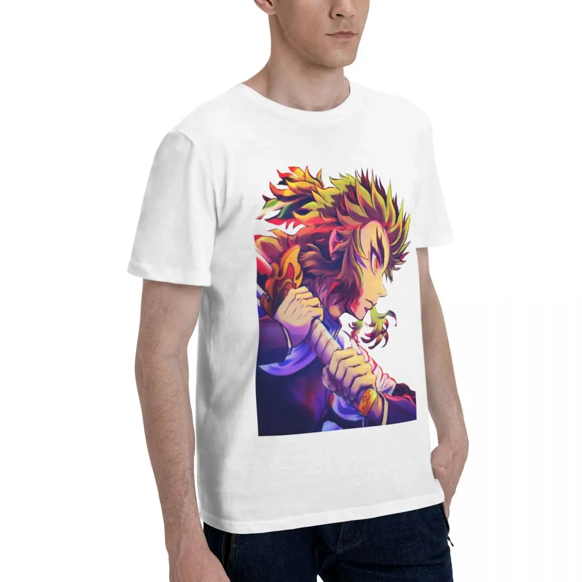 Demons Slayers Kyojuro Rengoku Fighting Classic T-Shirt Men's Basic Short Sleeve T-Shirt White Round Neck Short Sleeve