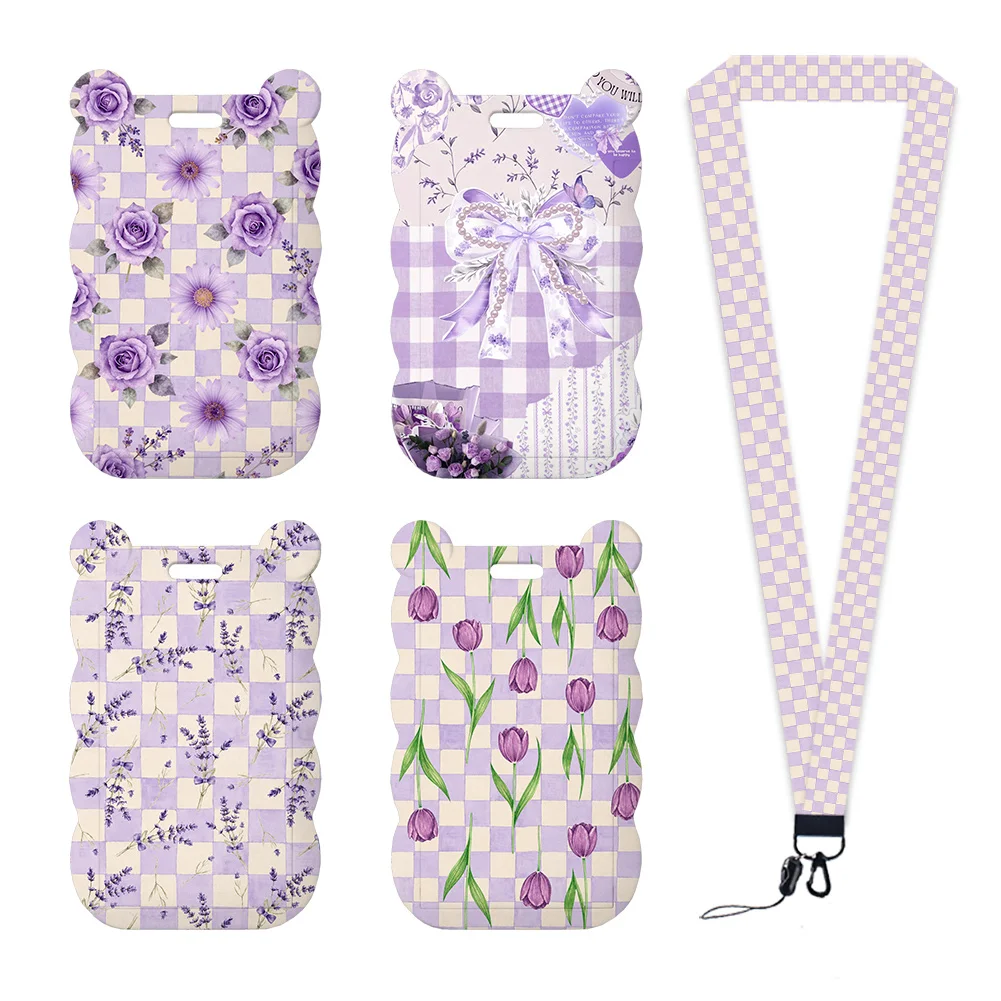 Purple Floral Plaid Card Holder with Lanyard Cute Bear Ear Bow ID Badge Case Kawaii Tulip Print Card Wallet for Women Girls