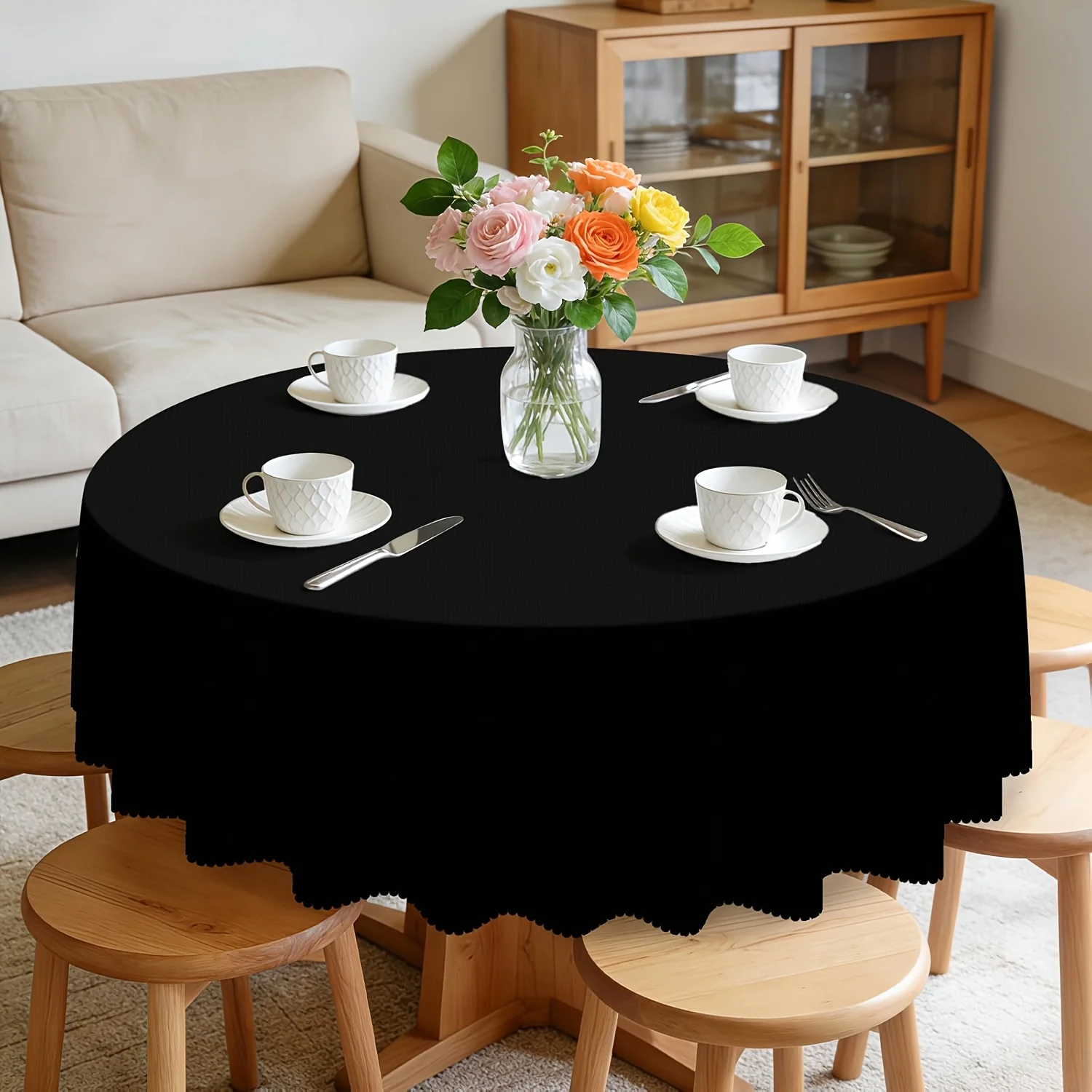 Round embossed black tablecloth, washable and reusable tablecloth
