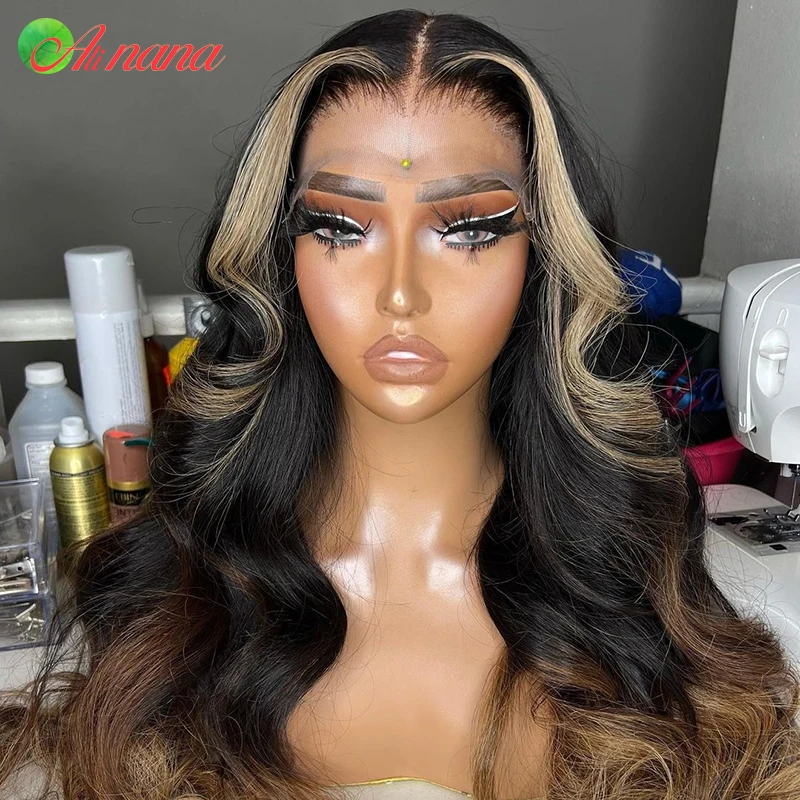 Onda do corpo peruca de cabelo humano para mulheres, marrom ombre, fechamento transparente do laço, peruca frontal do laço, destaque 5x5, 30 ", 13x6