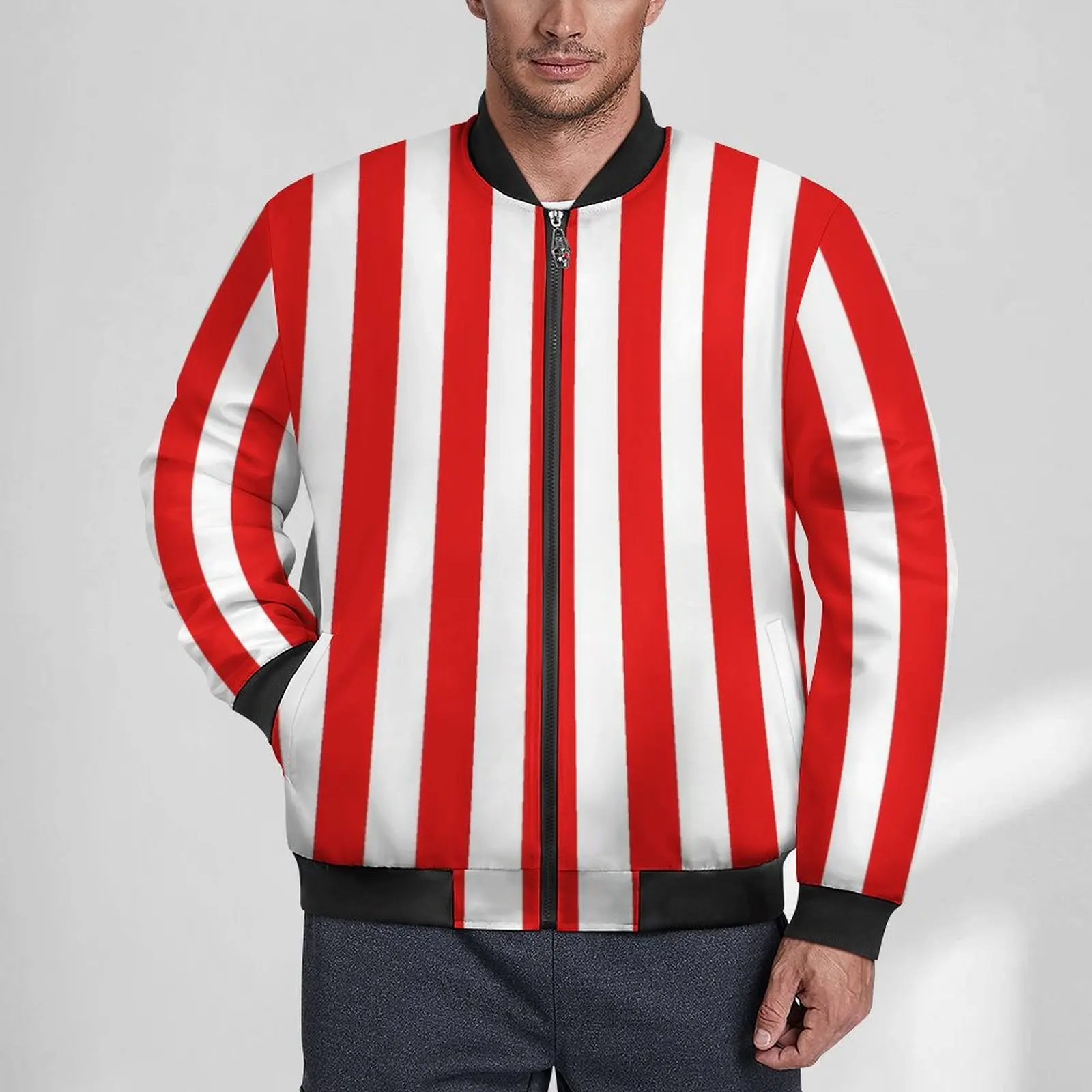 Red White Striped Casual Jackets Vertical Lines Hooded Windbreak Male Graphic Coats Autumn Kawaii Loose Jacket Plus Size 6XL