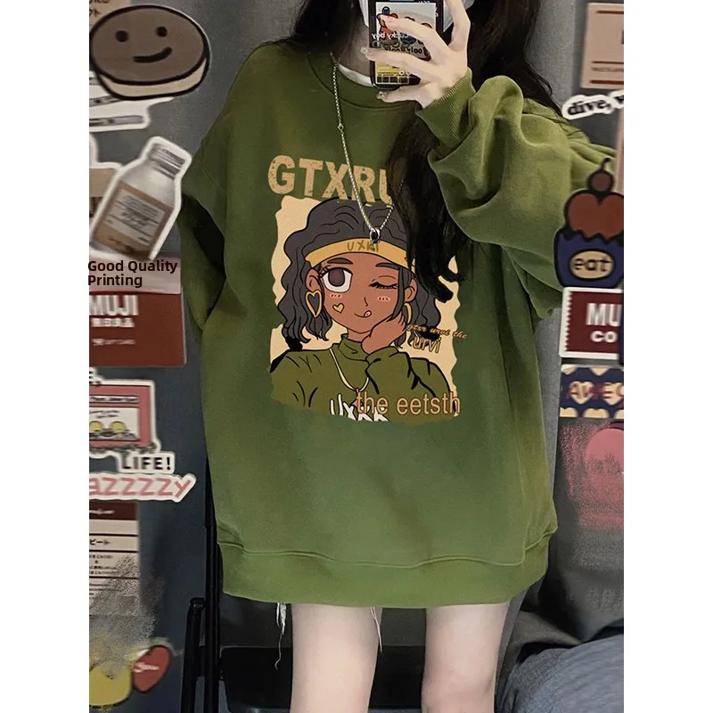 

American Retro Oversize Green Sweatshirt Women's Fleece round Neck Street Style Autumn Winter Comfortable Cotton Blend Hoodie