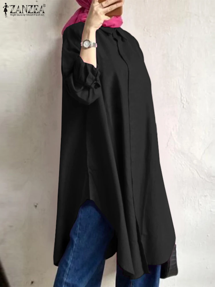 

ZANZEA Autumn Elegant Muslim Abaya Shirt Stylish Casual Work Blouse Dubai Blusas Women Lapel Neck Long Sleeve Solid Long Tops