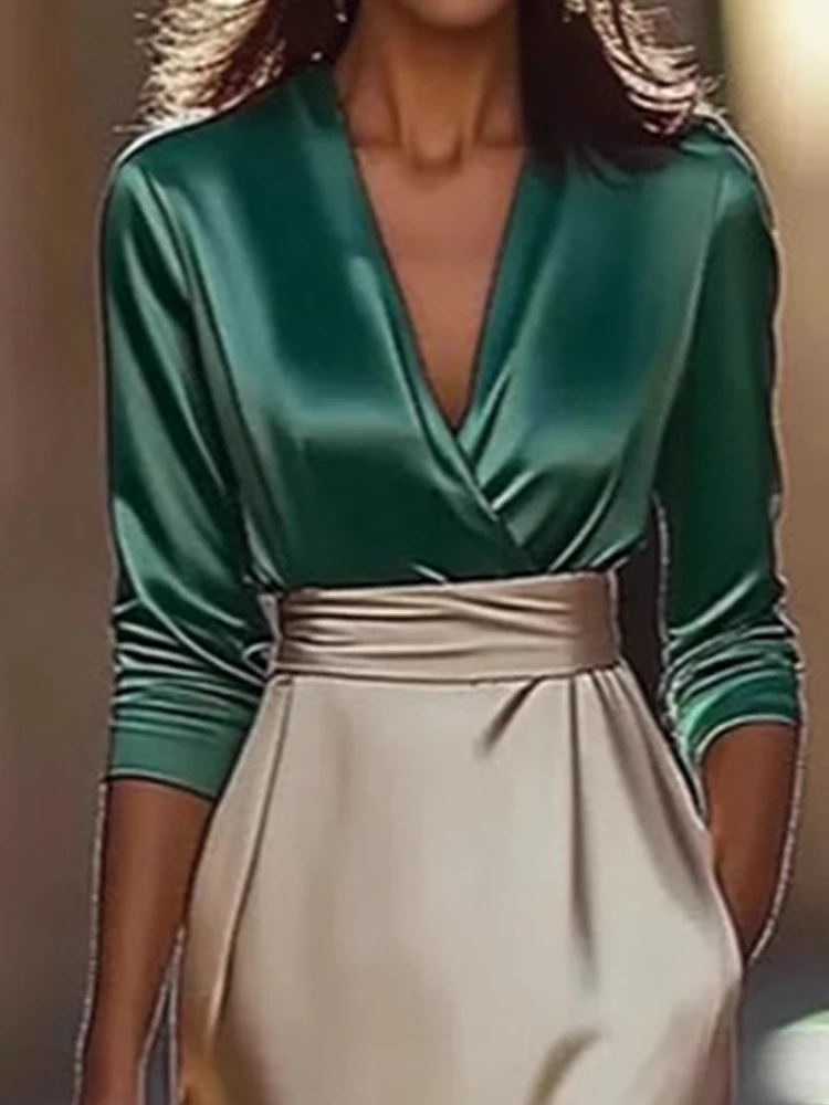 

Элегантный топ и юбка с v-образным вырезом и длинными рукавами, костюм из 2 предметов, женский повседневный однотонный комплект с длинной юбкой с длинными рукавами, модный драпированный атласный тонкий наряд