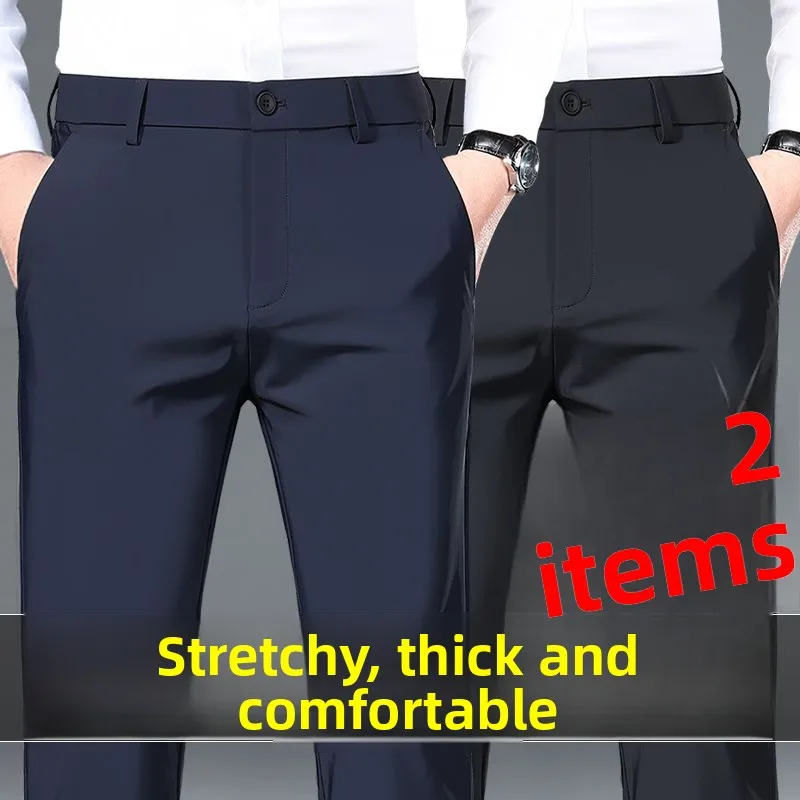 

High Waist Straight Leg Men's Casual Pants Four Way Stretch Dad Clothes Workwear Long Trousers Busin Casual Polyester Spandex