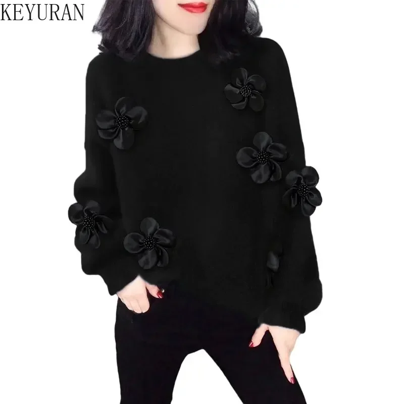 Black Three-dimensional Flower Sweater Women\'s Jumper 2024 Autumn Winter Long Sleeve Casual Loose Knitted Pullovers Sueter Mujer