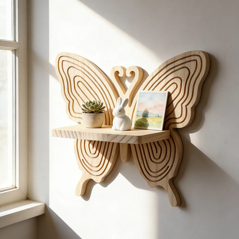 Butterfly Shaped Wooden Wall Shelf Boho Wall Mounted Storage Rack Plant Flower Pot Holder Bedroom Living Room Home Wall Decor