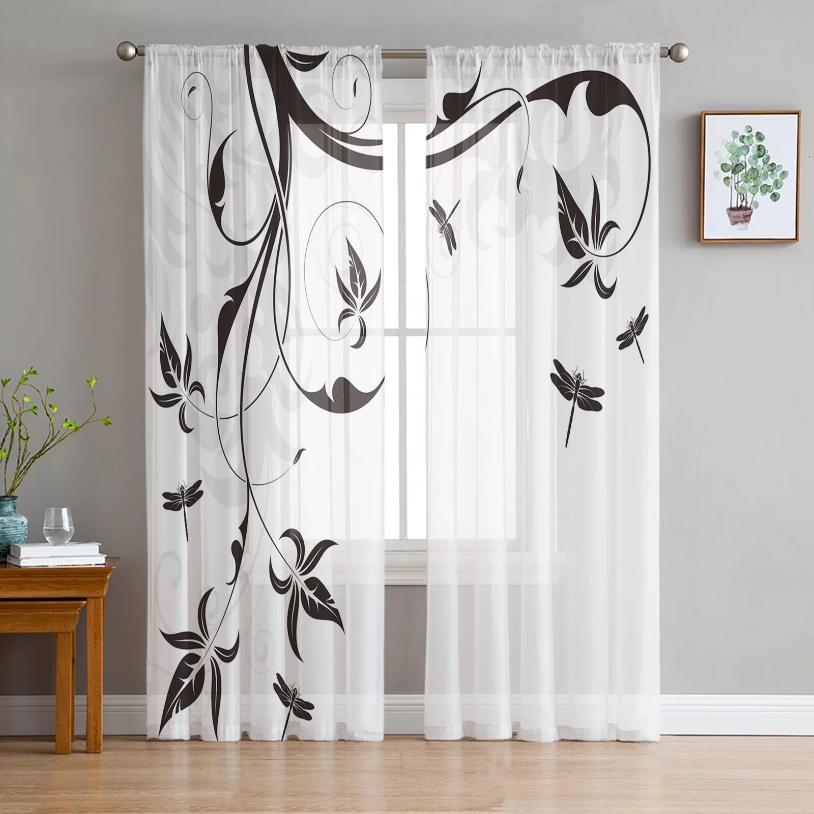 Tulle Curtains Dragonfly Branches Pattern Boys And Girls Bedroom Sheer Hanging Curtain Living Room Kitchen Gauze Curtain