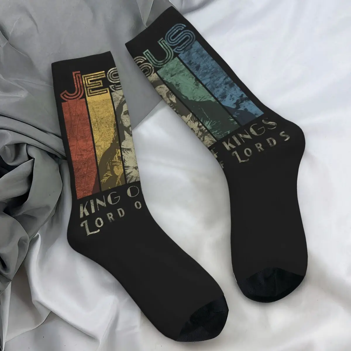 Jesus Grunge Retro Color Stripes Socks King of Kings Lord of Lords Stockings Couple Soft Outdoor Socks Autumn Anti Sweat Socks