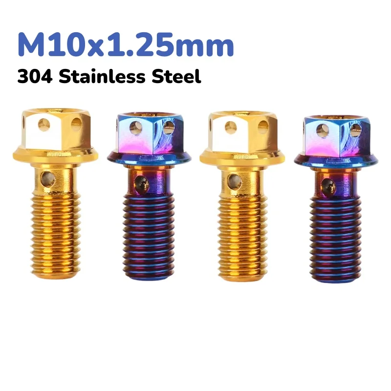 304 Stainless Steel M10 Titanium Gold/Blue Hollow Hex Head Brake Caliper Oil Port Screw Motorcycle Brake Caliper Tubing Bolt