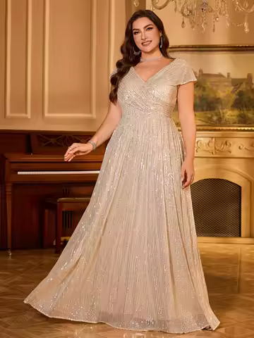 V-Neck Sparkling Sequin Cross Front Ruched Maxi Evening Dress