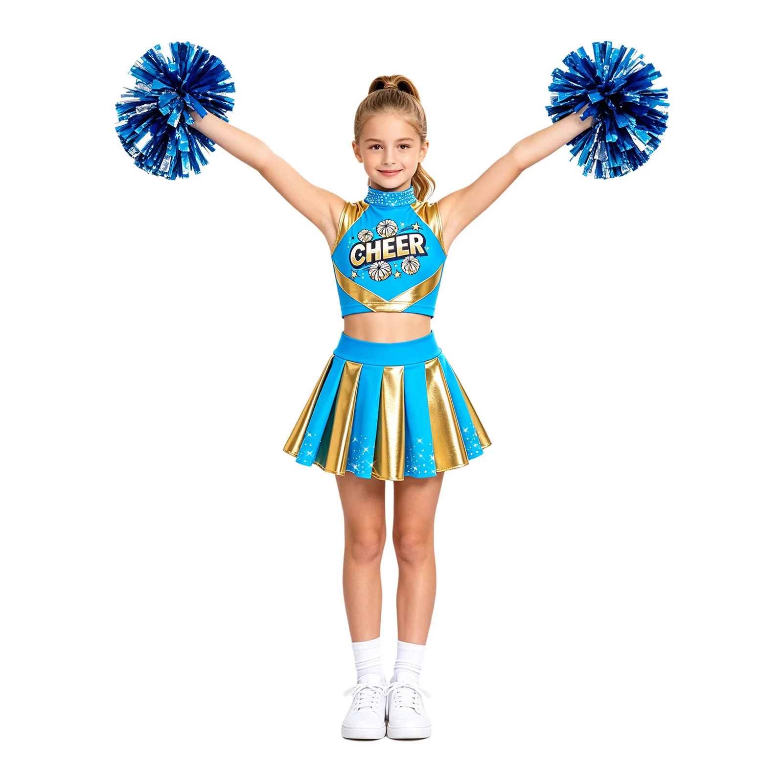 Cheerleader-Kostüm für Mädchen, Cheerleading-Uniform, 2-teiliges Set, ärmelloses Top mit Strasssteinen und „CHEER“-Aufdruck, kurzes Oberteil, plissierter Rock, Tanzoutfit. – Detail 22