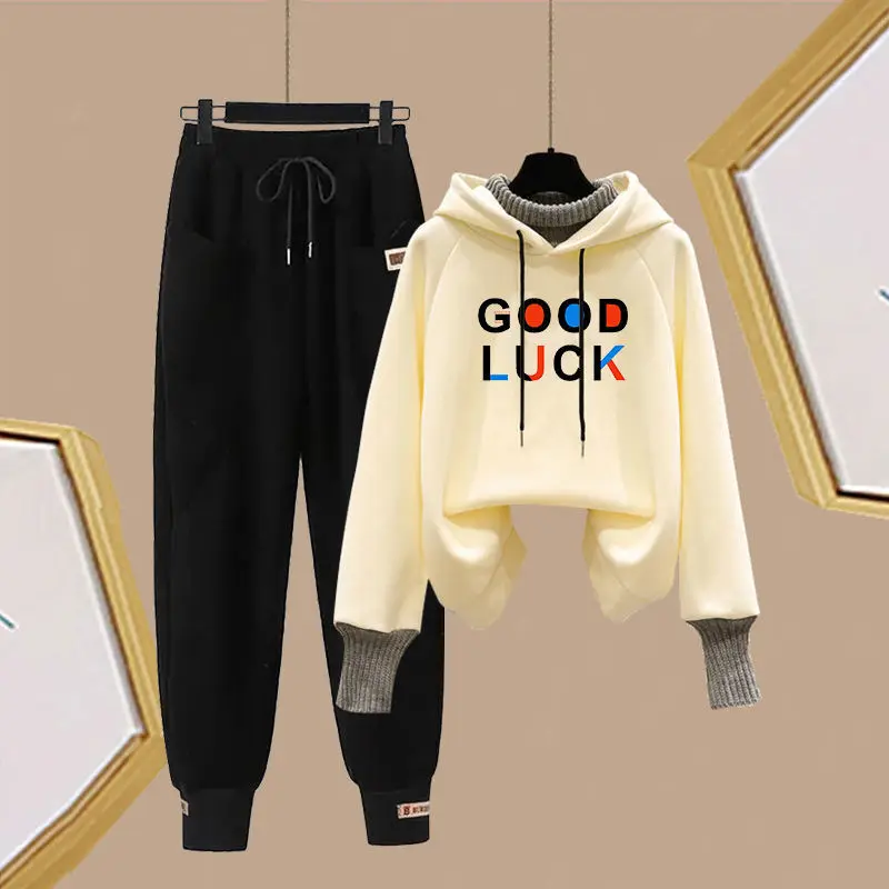 Large Size Sports Suit Women\'s Korean Version Loose Fitting Plush Hoodie with Harlan Pants Two-piece Set Winter Clothes Women