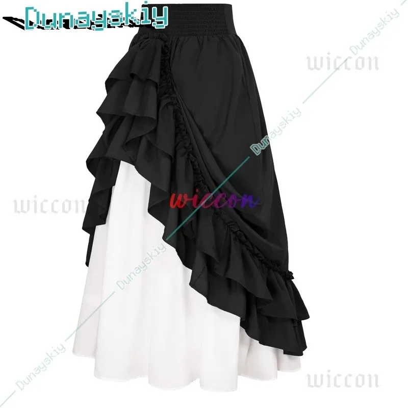 

2025 22, повседневный двухслойный костюм эпохи Возрождения на пуговицах, женская длинная юбка с двойными рюшами и рюшами на спине, макси на резинке на талии