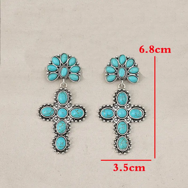 Blessed Christian Jewelry Western Style Faux Turquoise Stone Cross Earrings 2024 Wholesale Women\'s Western Cross Stud Earrings