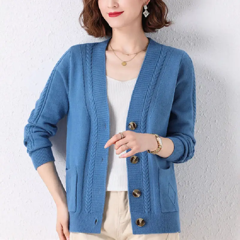 Women Vintage Simple Twists Single Breasted Outewear Knitted Cardigans Female Solid Casual V Neck Long Sleeve Loose Sweater Coat