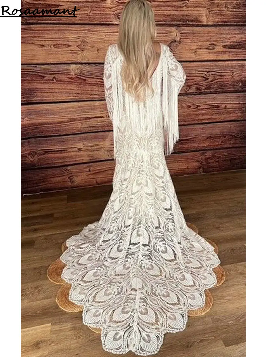 ชุดเดรสเจ้าสาวสไตล์โบฮีเมียนลูกไม้คอวีสไตล์โบฮีเมียนชุดแต่งงานแขนยาวแต่งพู่ทรงนางเงือก