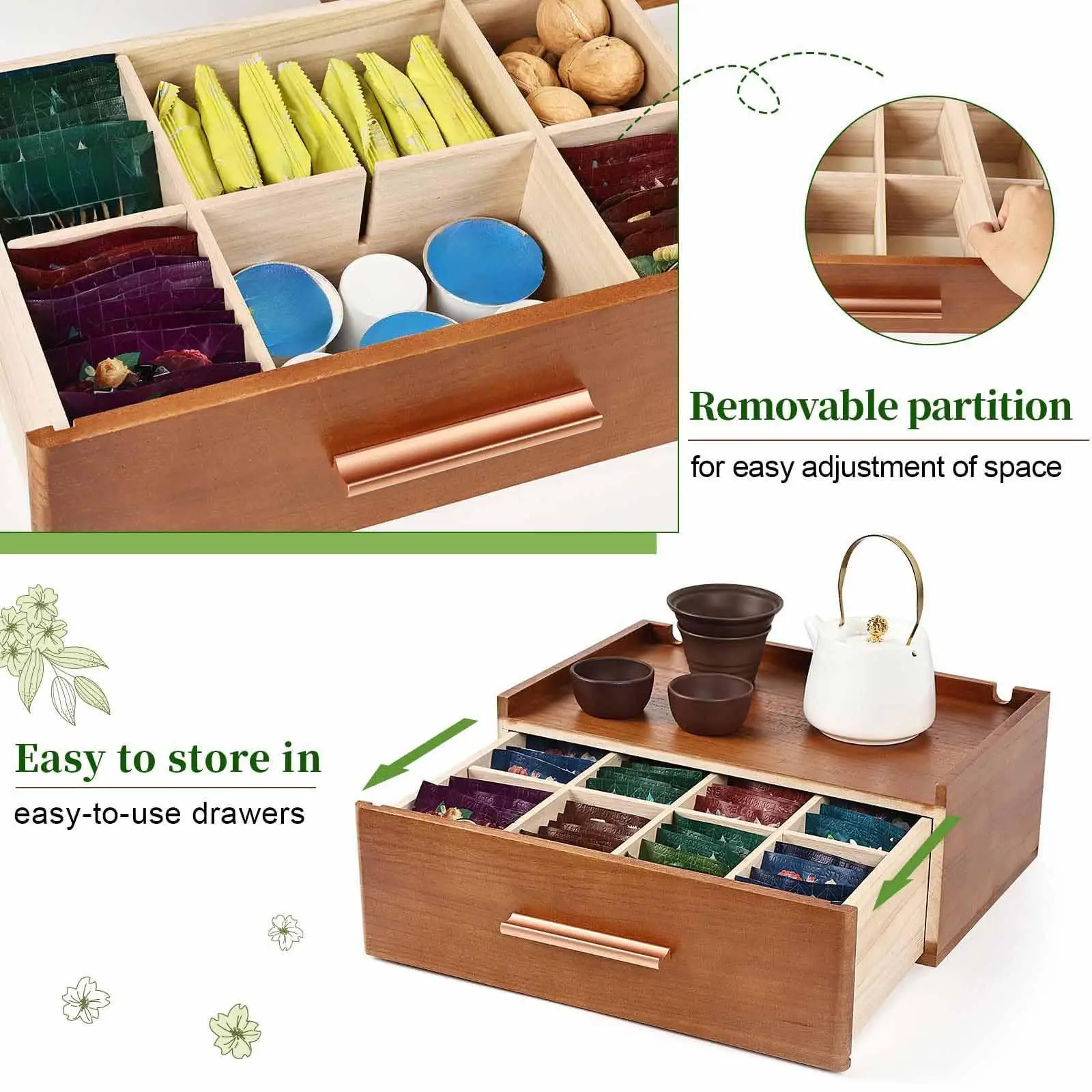 

Wooden Tea Bag Organizer Coffee and Tea Drawer for Living Room Decor
