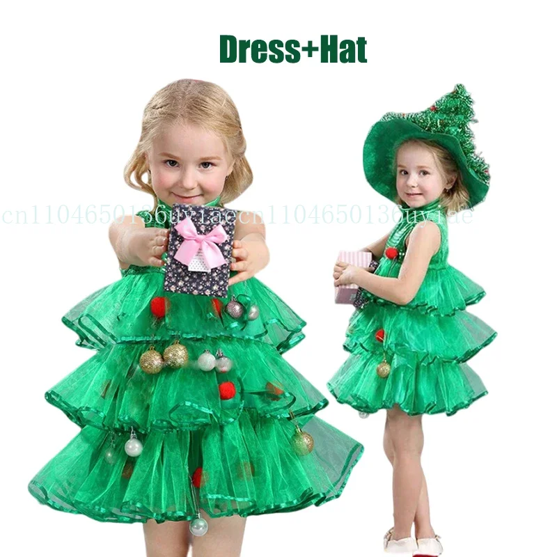 

New Year Elf Costume For Kids Girl Boy Green Santa Claus Suit Set With Hat Children Fancy Christmas Party Dress Set Performance