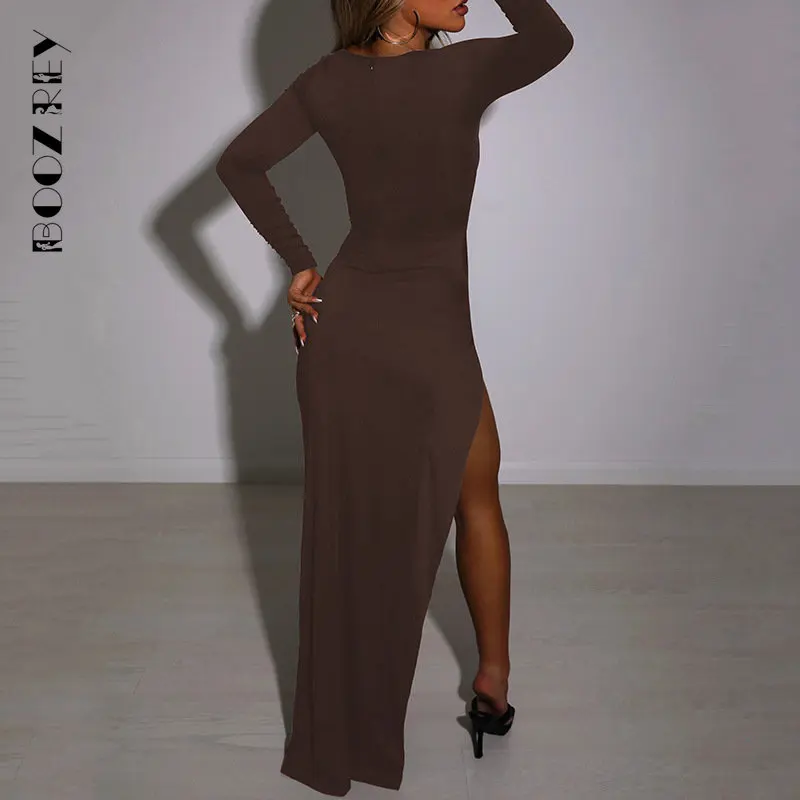 BoozRey Sexy Hollow High Split Maxi Dress per le donne Robe 2022 autunno manica intera increspato Club Party abito lungo abiti da sera