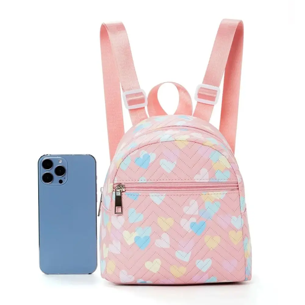 Cute Heart Print Mini Backpack Pink Large Capacity Small School Bag PU Travel Rucksack